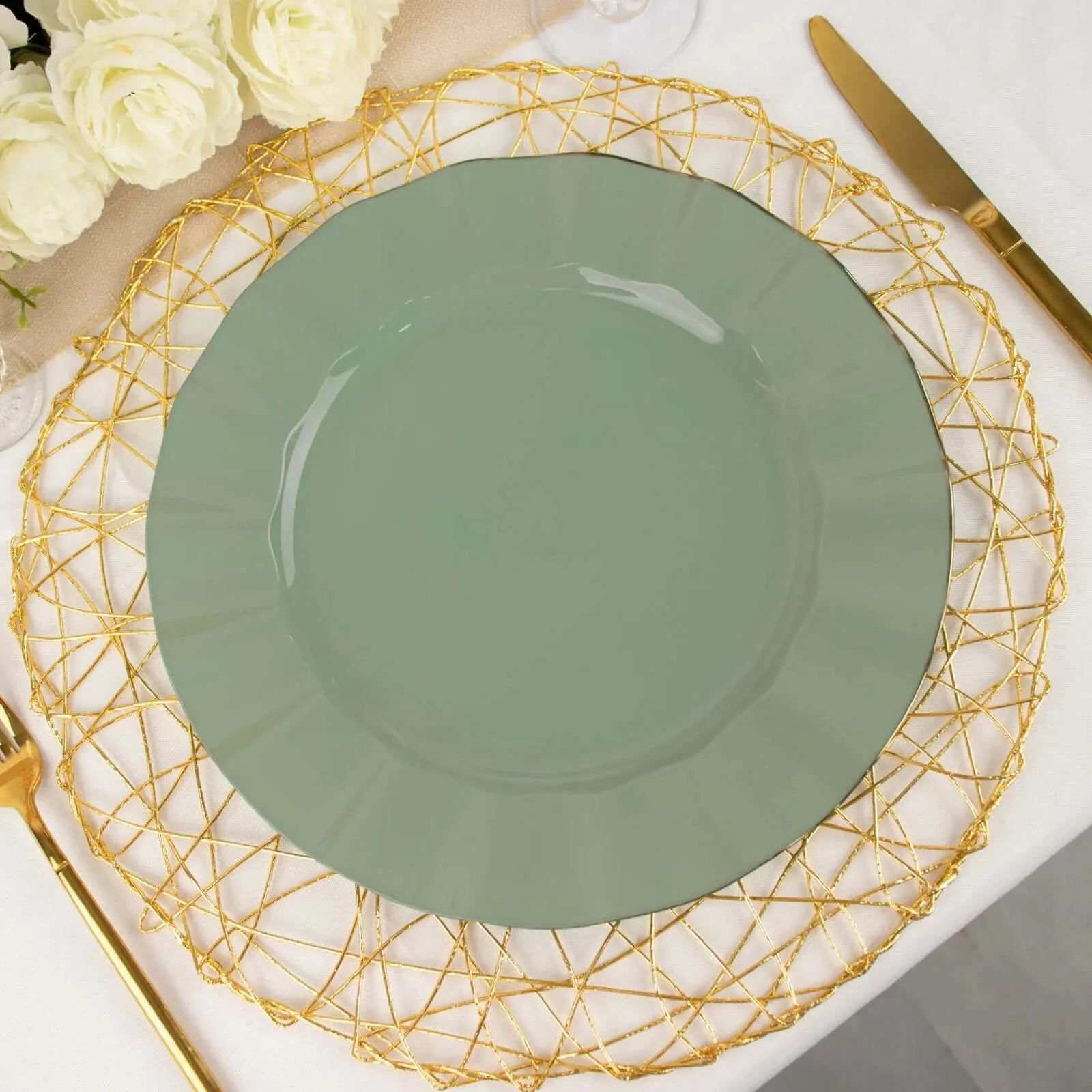 10 Pack 11" Dusty Sage Green Disposable Dinner Plates With Gold Ruffled Rim, Round Plastic Party Plates