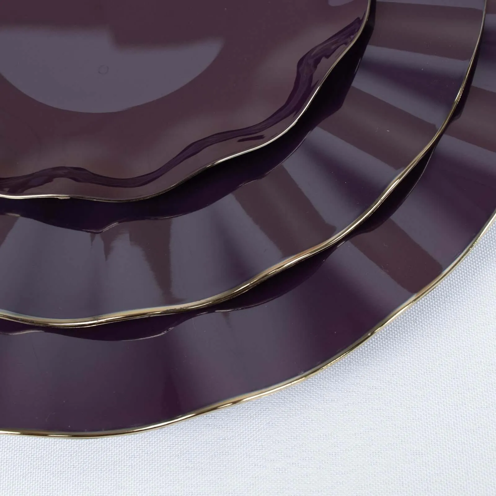 10 Pack 11" Purple Disposable Dinner Plates With Gold Ruffled Rim, Round Plastic Party Plates