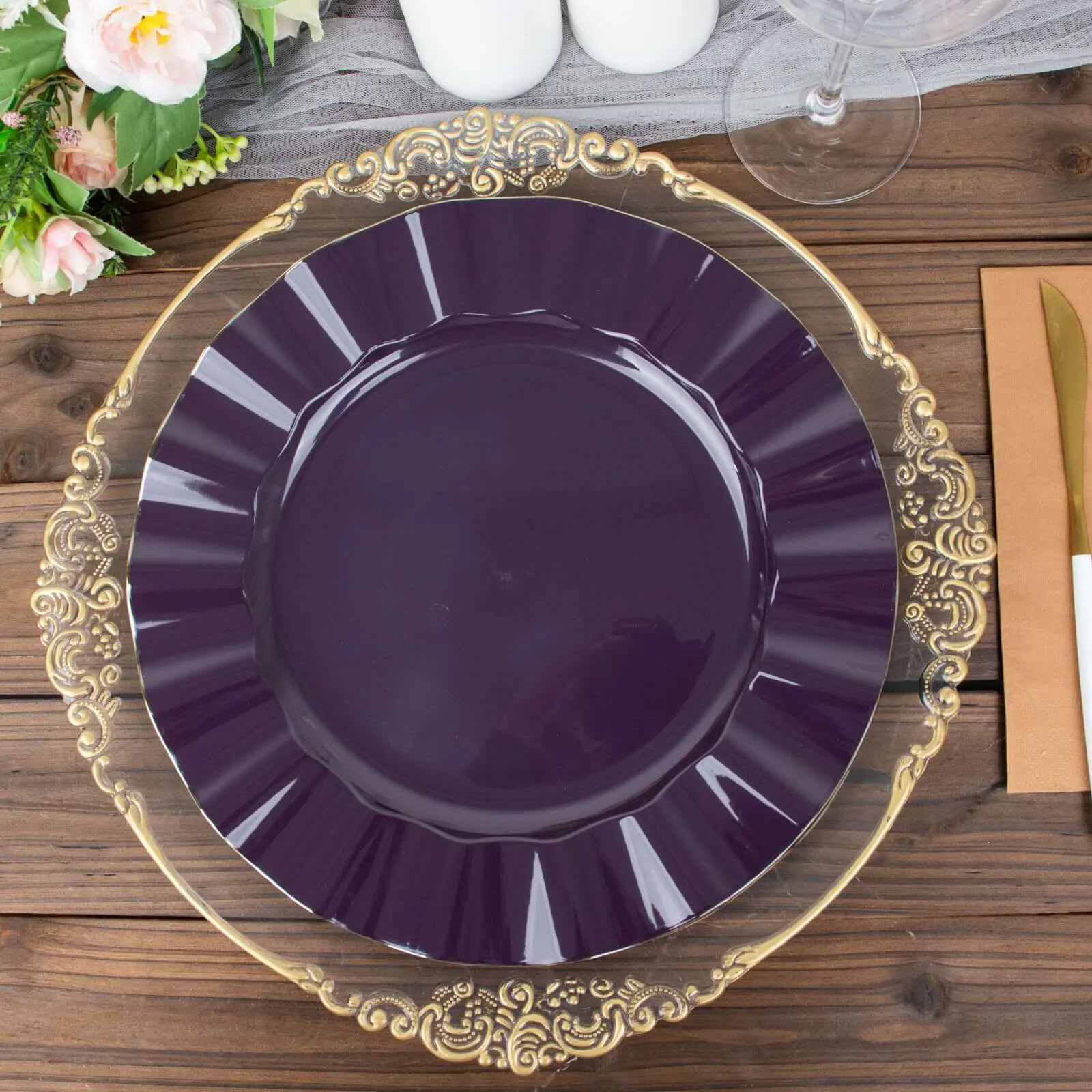 10 Pack 11" Purple Disposable Dinner Plates With Gold Ruffled Rim, Round Plastic Party Plates