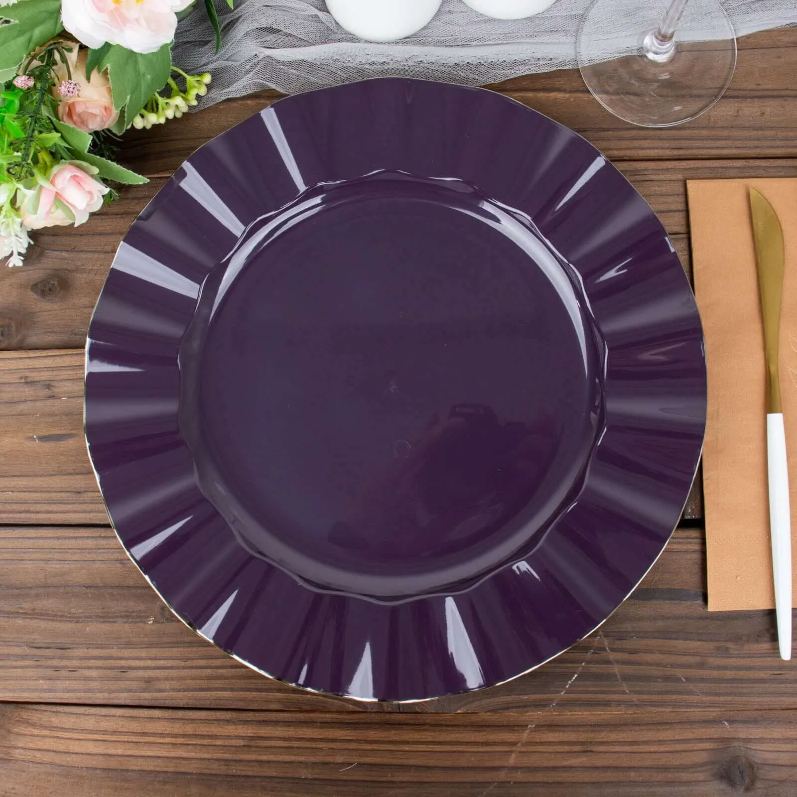 10 Pack 11" Purple Disposable Dinner Plates With Gold Ruffled Rim, Round Plastic Party Plates