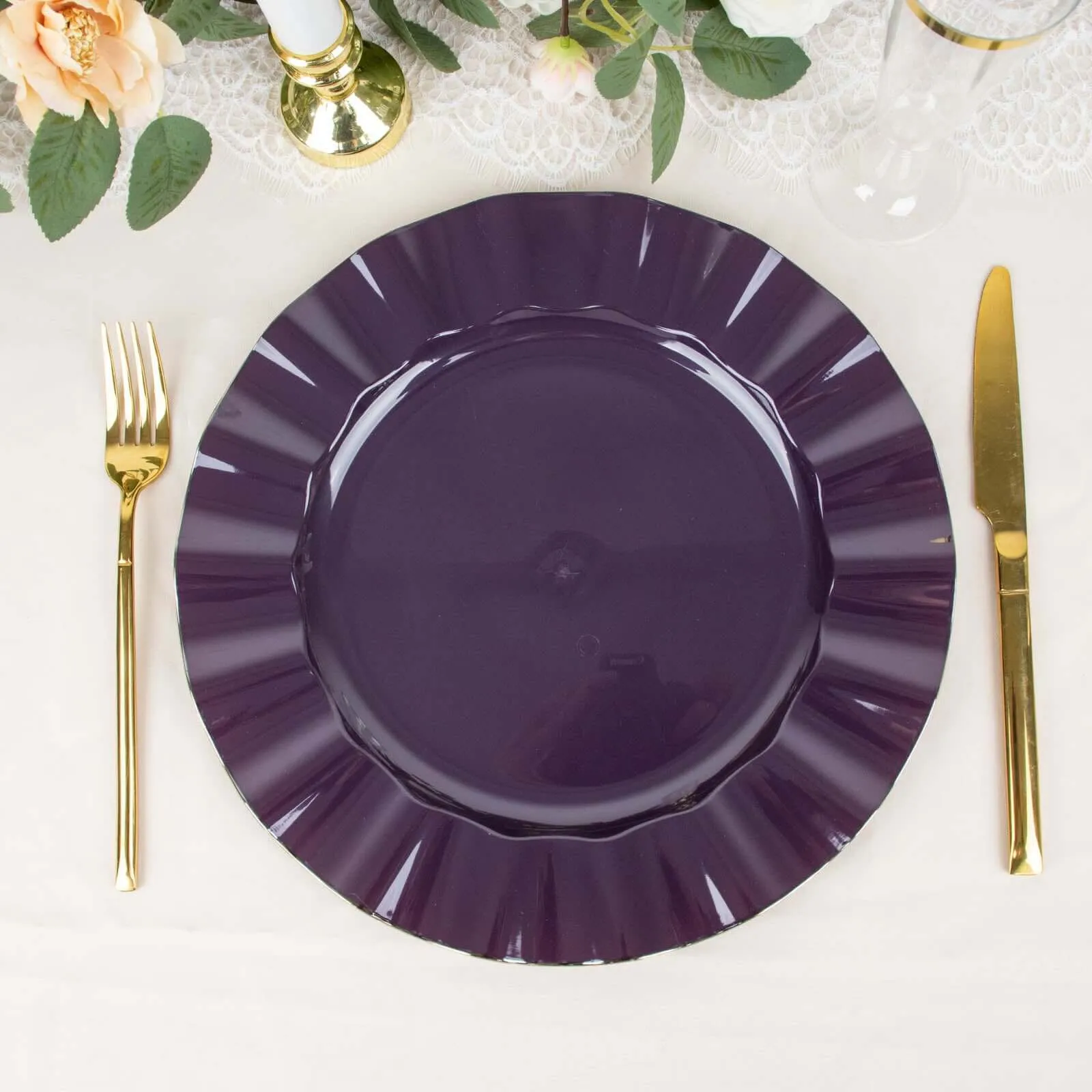 10 Pack 11" Purple Disposable Dinner Plates With Gold Ruffled Rim, Round Plastic Party Plates