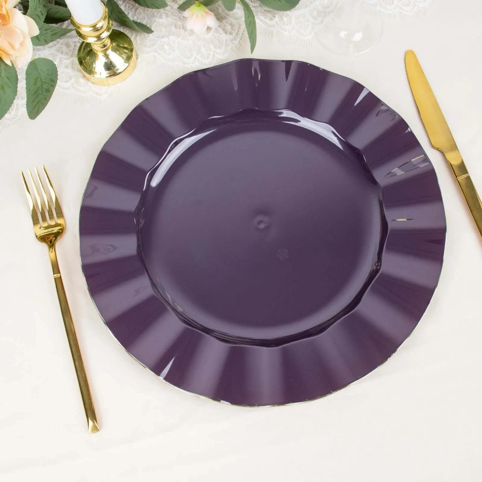 10 Pack 11" Purple Disposable Dinner Plates With Gold Ruffled Rim, Round Plastic Party Plates