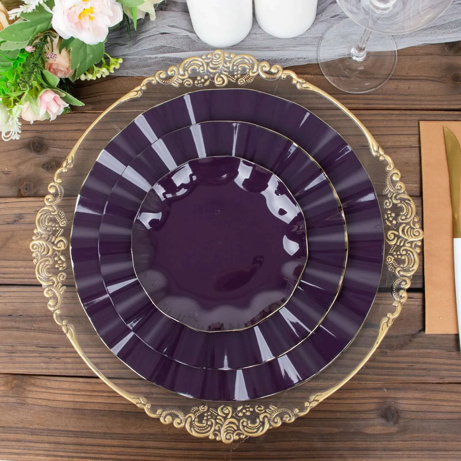 10 Pack 11" Purple Disposable Dinner Plates With Gold Ruffled Rim, Round Plastic Party Plates