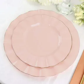 10 Pack 9" Blush Heavy Duty Disposable Dinner Plates with Gold Ruffled Rim, Hard Plastic Dinnerware