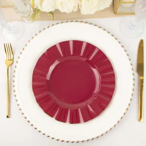 10 Pack 9" Burgundy Heavy Duty Disposable Dinner Plates with Gold Ruffled Rim, Hard Plastic Dinnerware