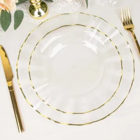 10 Pack 9" Clear Heavy Duty Disposable Dinner Plates with Gold Ruffled Rim, Hard Plastic Dinnerware