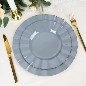 10 Pack 9" Dusty Blue Heavy Duty Disposable Dinner Plates with Gold Ruffled Rim, Hard Plastic Dinnerware