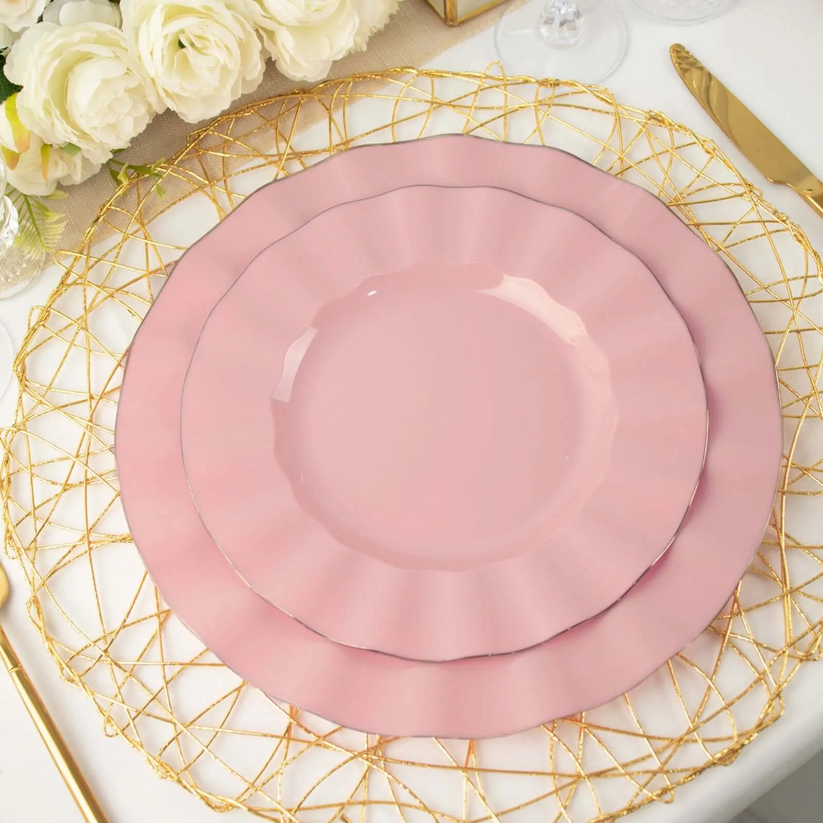 10 Pack 9" Dusty Rose Heavy Duty Disposable Dinner Plates with Gold Ruffled Rim, Hard Plastic Dinnerware