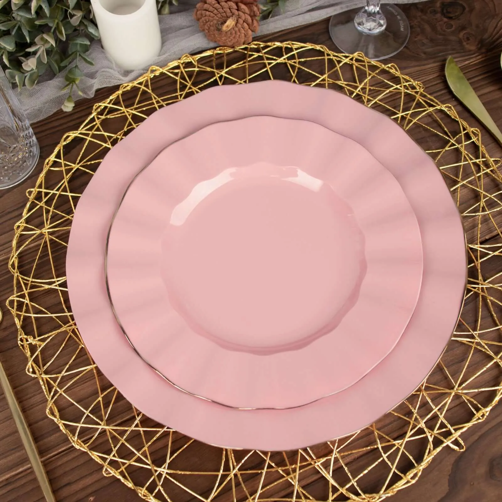 10 Pack 9" Dusty Rose Heavy Duty Disposable Dinner Plates with Gold Ruffled Rim, Hard Plastic Dinnerware