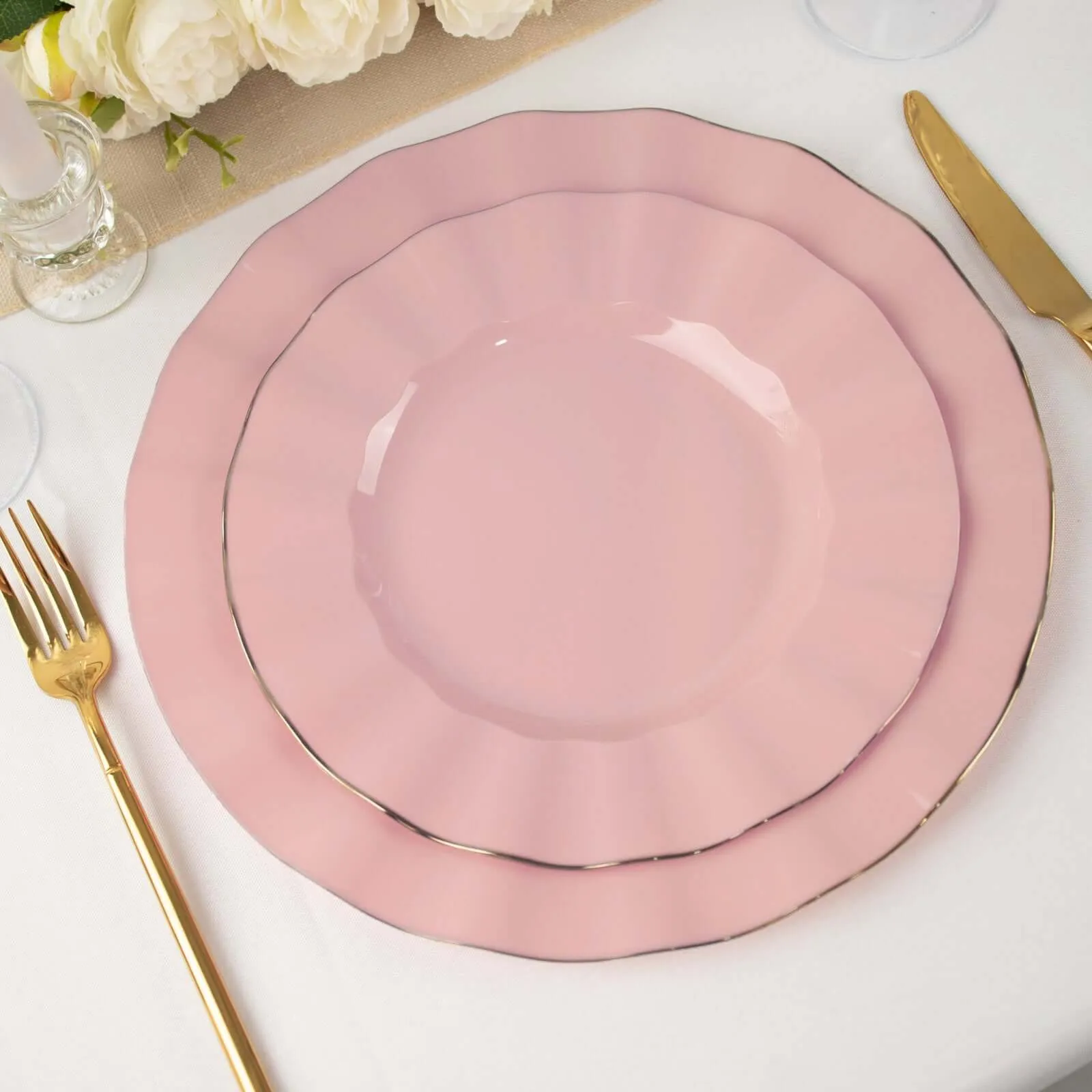 10 Pack 9" Dusty Rose Heavy Duty Disposable Dinner Plates with Gold Ruffled Rim, Hard Plastic Dinnerware