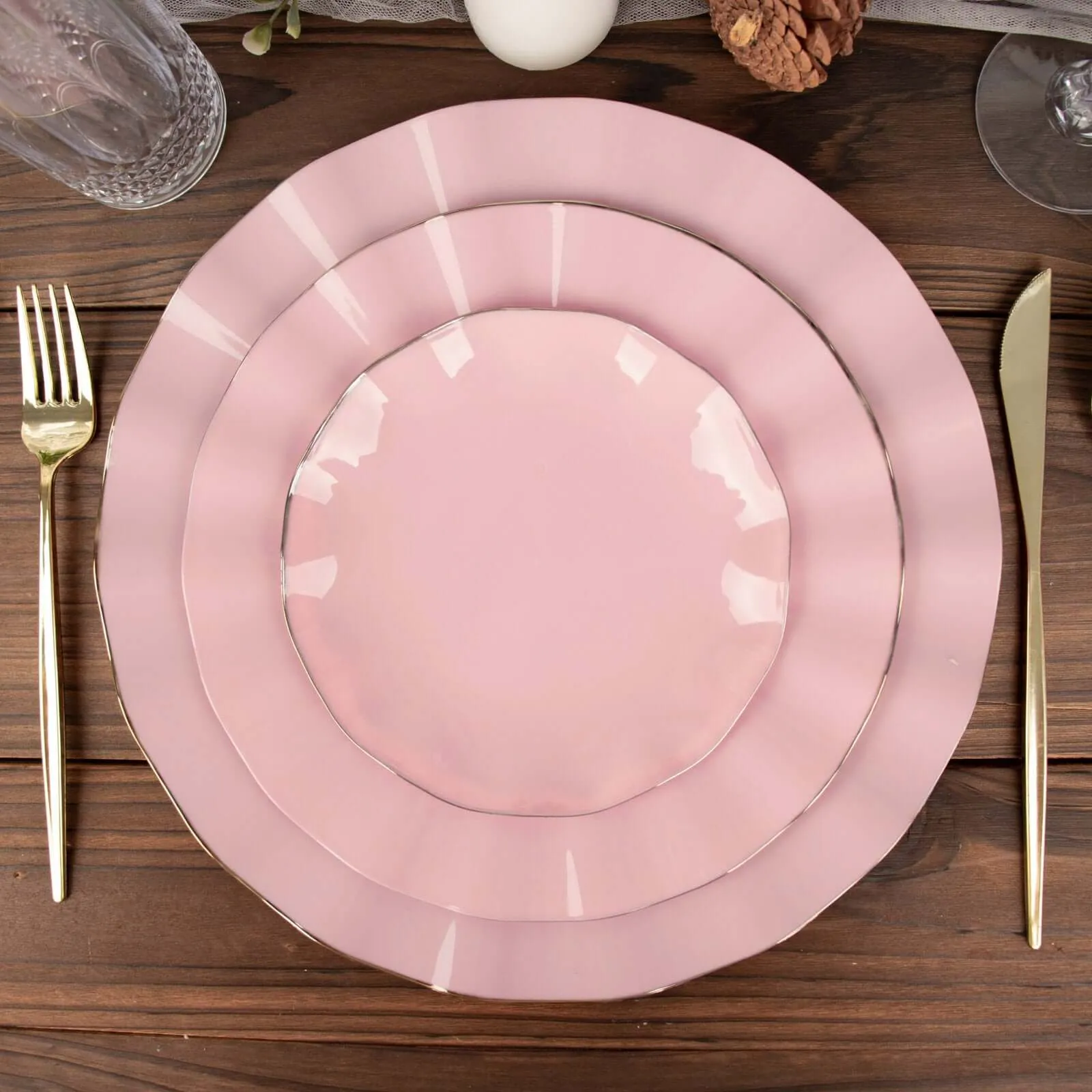 10 Pack 9" Dusty Rose Heavy Duty Disposable Dinner Plates with Gold Ruffled Rim, Hard Plastic Dinnerware