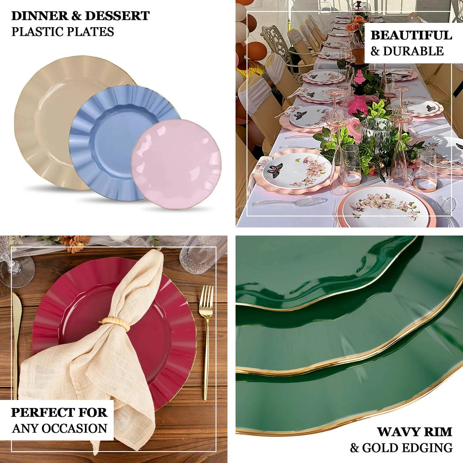 10 Pack 9" Dusty Rose Heavy Duty Disposable Dinner Plates with Gold Ruffled Rim, Hard Plastic Dinnerware