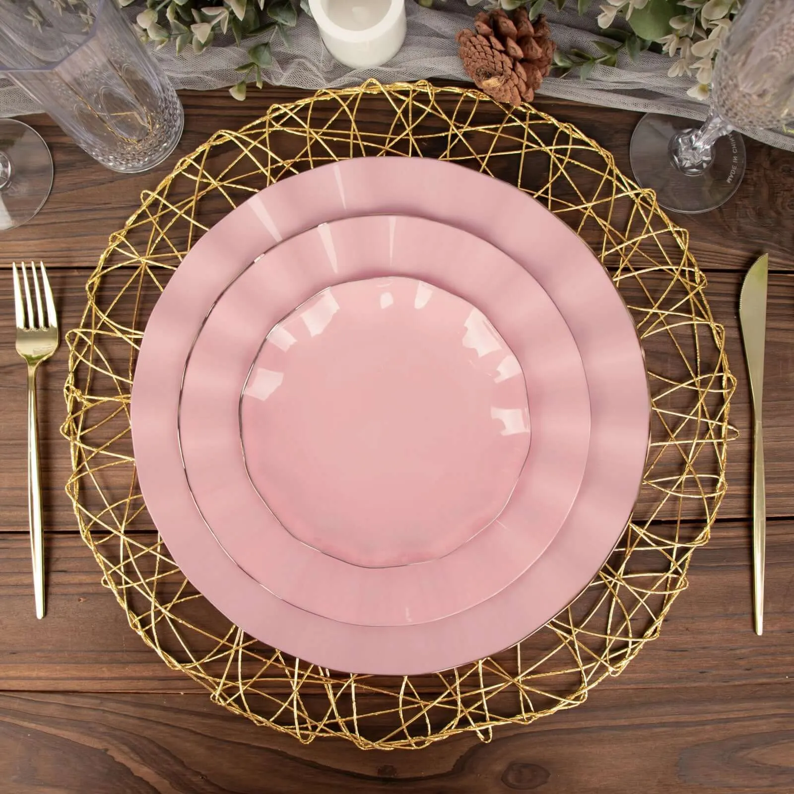 10 Pack 9" Dusty Rose Heavy Duty Disposable Dinner Plates with Gold Ruffled Rim, Hard Plastic Dinnerware