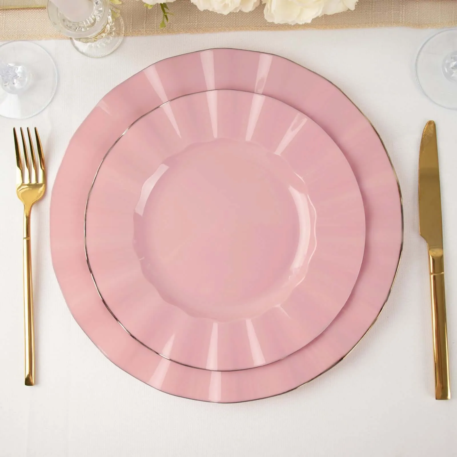 10 Pack 9" Dusty Rose Heavy Duty Disposable Dinner Plates with Gold Ruffled Rim, Hard Plastic Dinnerware