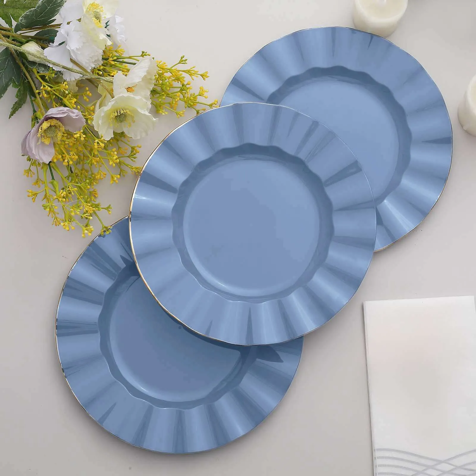 10 Pack 9" Ocean Blue Heavy Duty Disposable Dinner Plates with Gold Ruffled Rim, Hard Plastic Dinnerware