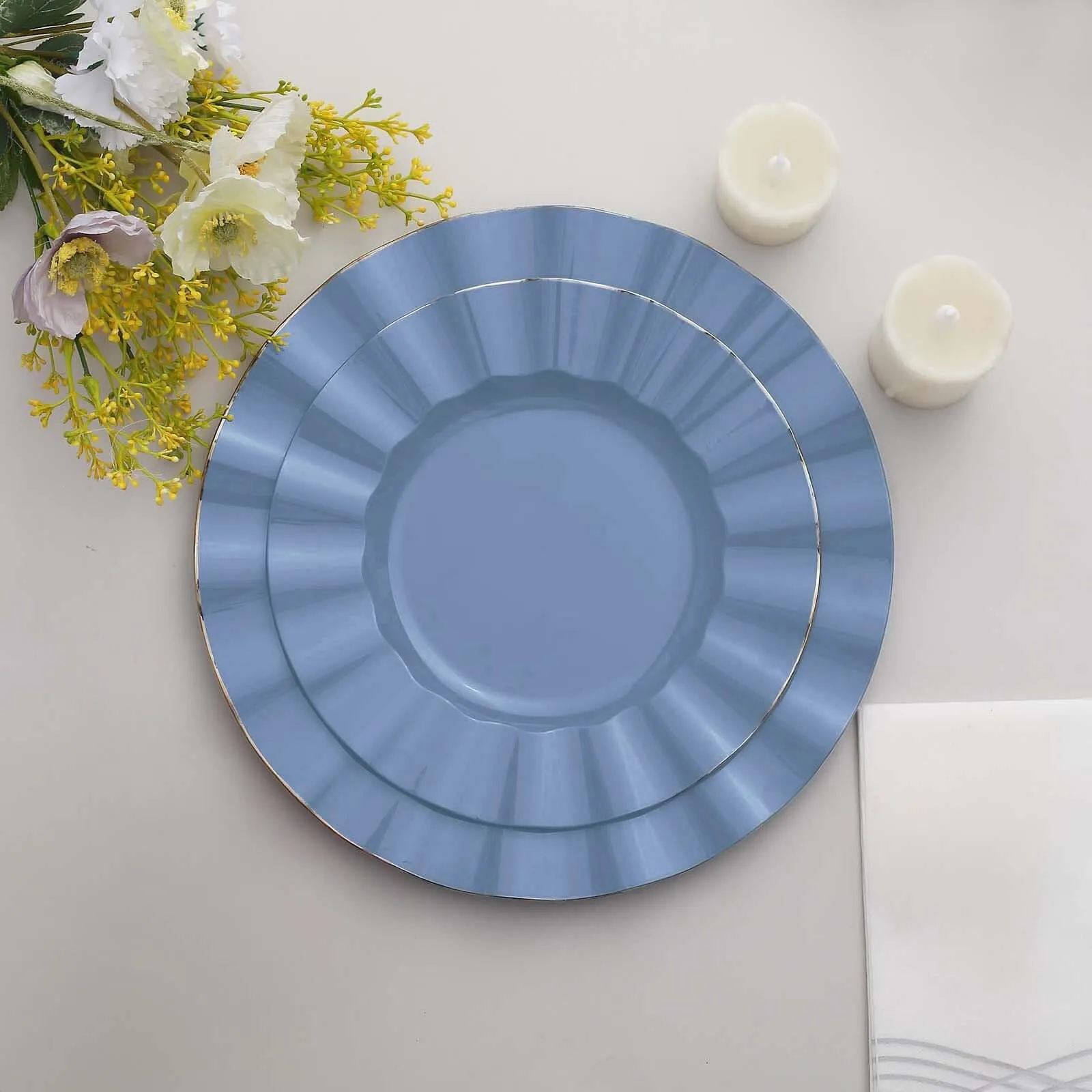 10 Pack 9" Ocean Blue Heavy Duty Disposable Dinner Plates with Gold Ruffled Rim, Hard Plastic Dinnerware