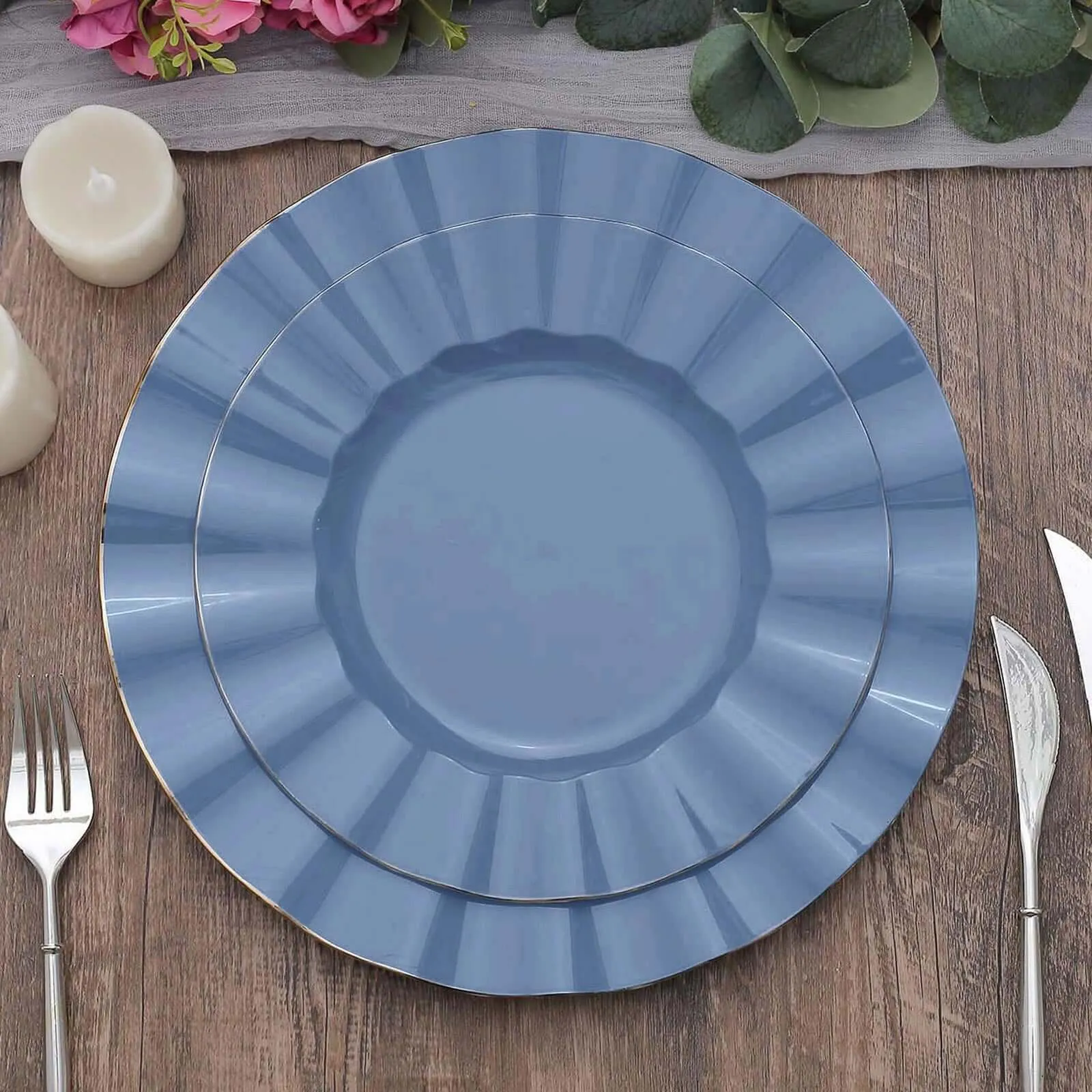 10 Pack 9" Ocean Blue Heavy Duty Disposable Dinner Plates with Gold Ruffled Rim, Hard Plastic Dinnerware