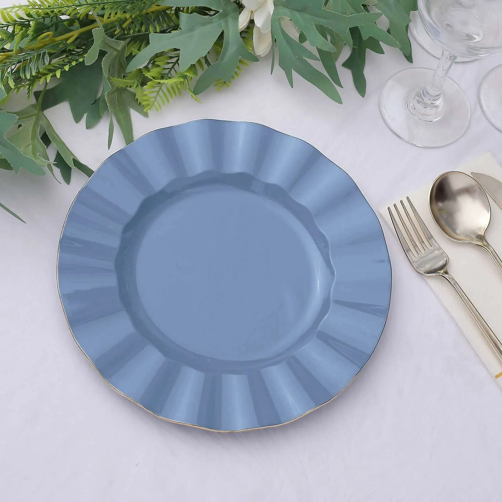 10 Pack 9" Ocean Blue Heavy Duty Disposable Dinner Plates with Gold Ruffled Rim, Hard Plastic Dinnerware