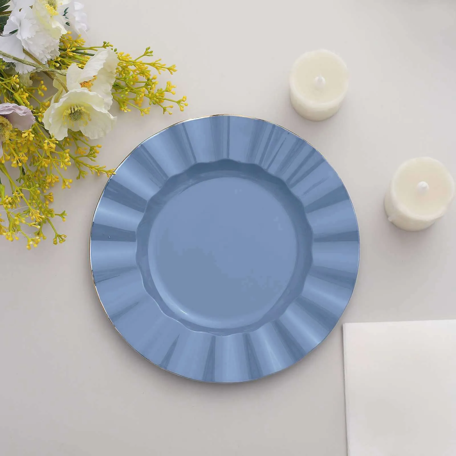 10 Pack 9" Ocean Blue Heavy Duty Disposable Dinner Plates with Gold Ruffled Rim, Hard Plastic Dinnerware