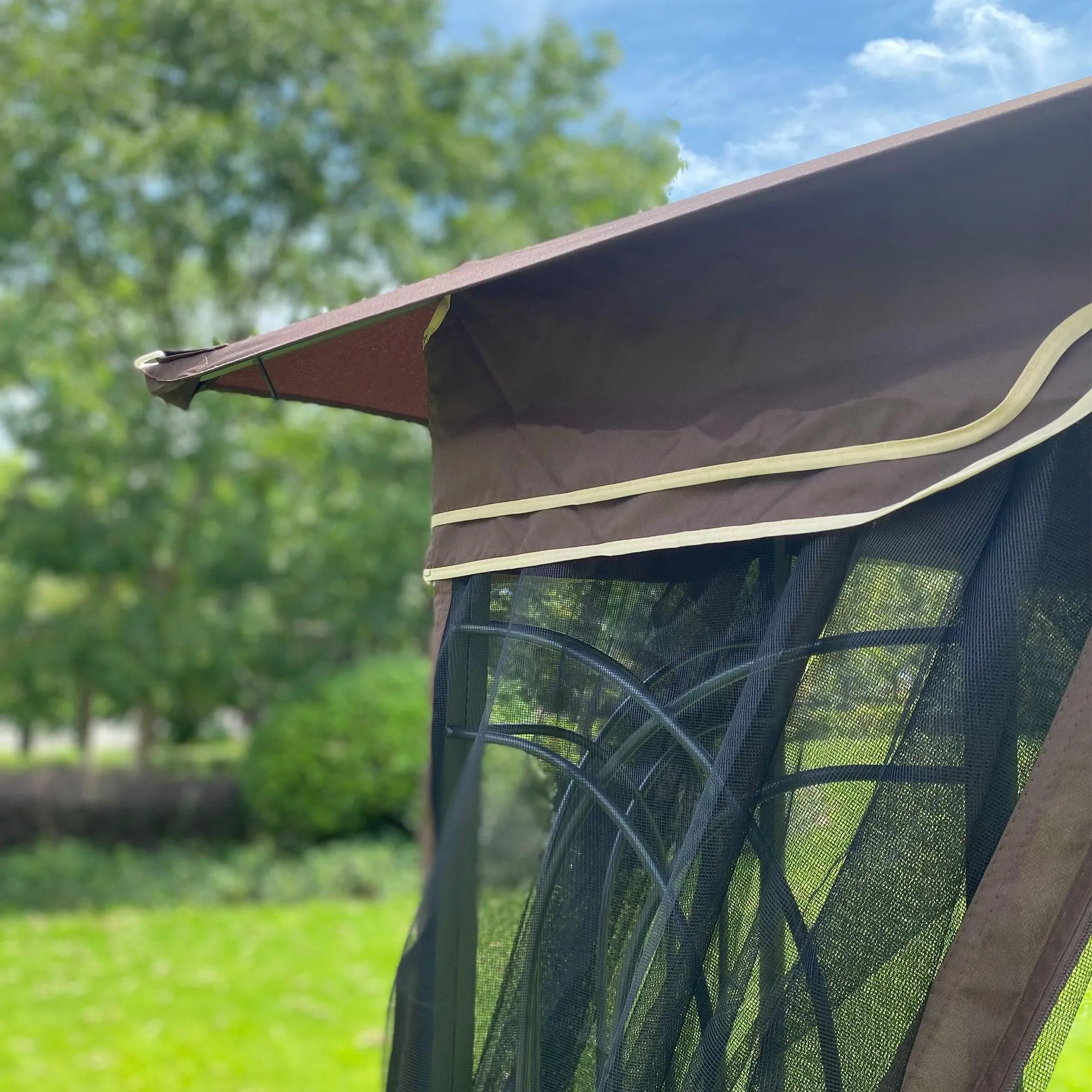 10x10 Outdoor Patio Gazebo Canopy Tent With Ventilated Double Roof And Mosquito net, Brown Top