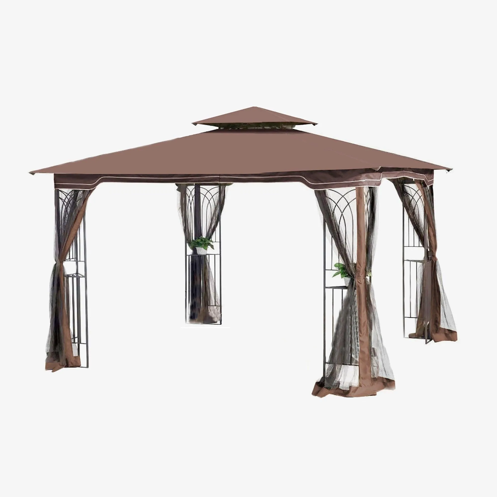 10x10 Outdoor Patio Gazebo Canopy Tent With Ventilated Double Roof And Mosquito net, Brown Top