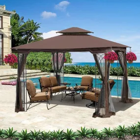 10x10 Outdoor Patio Gazebo Canopy Tent With Ventilated Double Roof And Mosquito net, Brown Top