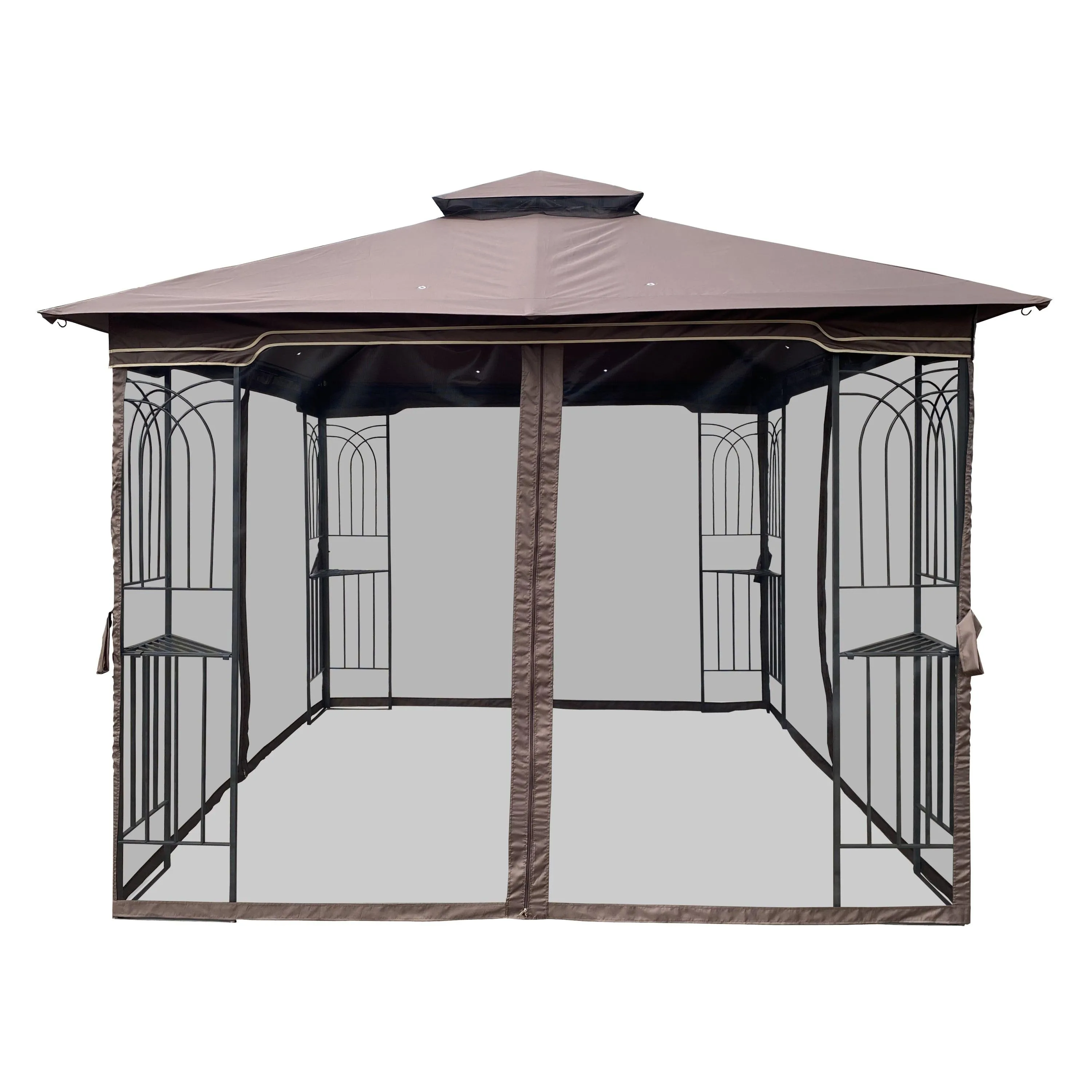 10x10 Outdoor Patio Gazebo Canopy Tent With Ventilated Double Roof And Mosquito net, Brown Top