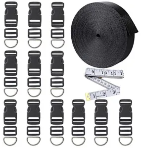 12 Yards Black Nylon Heavy Webbing Straps with 12 Set Plastic 1 Inch Flat Side Release Buckles, Tri-Glide Slides and D Rings for DIY Making Luggage Strap, Pet Collar, Backpack Repairing