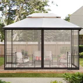 13 Ft. W x 9.7 Ft. D Iron Patio Outdoor Gazebo, Double Roof Soft Canopy Garden Backyard Gazebo with Mosquito Netting Suitable for Lawn, Garden, Backyard and Deck