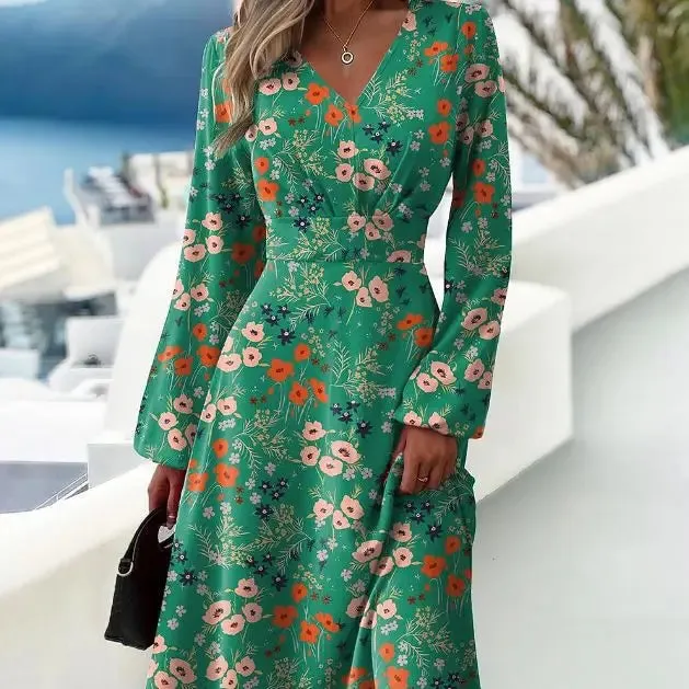 2024 Spring New Slim Fit V-Neck Long Sleeve Floral Dress