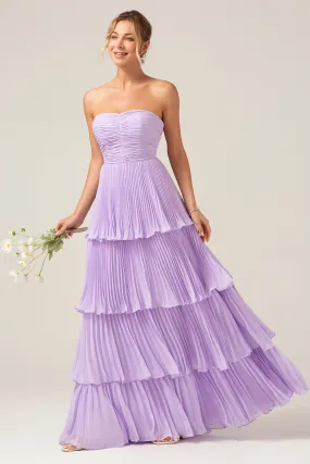 A-Line Sweetheart Tiered Chiffon Long Lilac Bridesmaid Dress