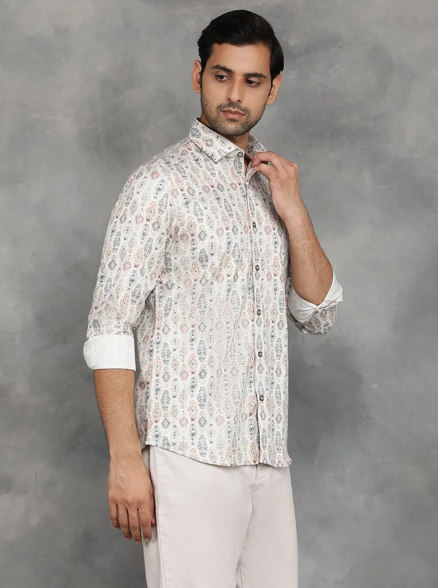 Beige Printed Slim Fit Party Wear Shirt | JB Studio