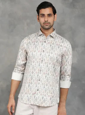 Beige Printed Slim Fit Party Wear Shirt | JB Studio