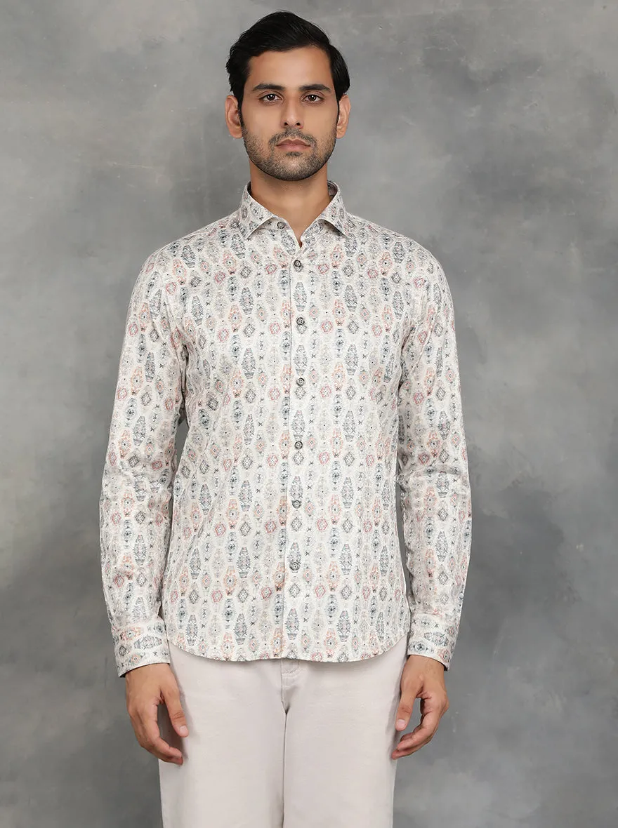 Beige Printed Slim Fit Party Wear Shirt | JB Studio