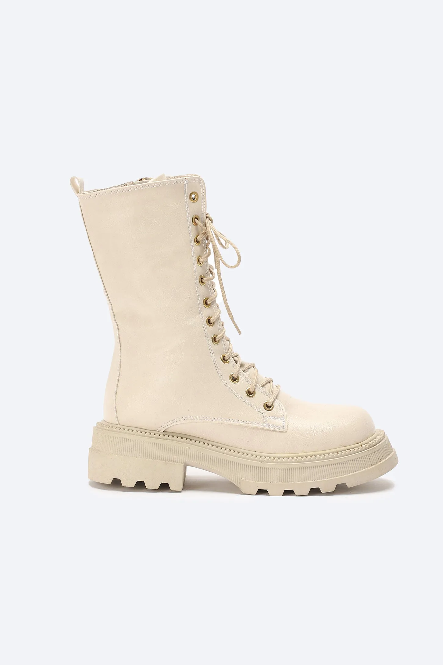 CHUNKY LACE UP BOOTS - BEIGE