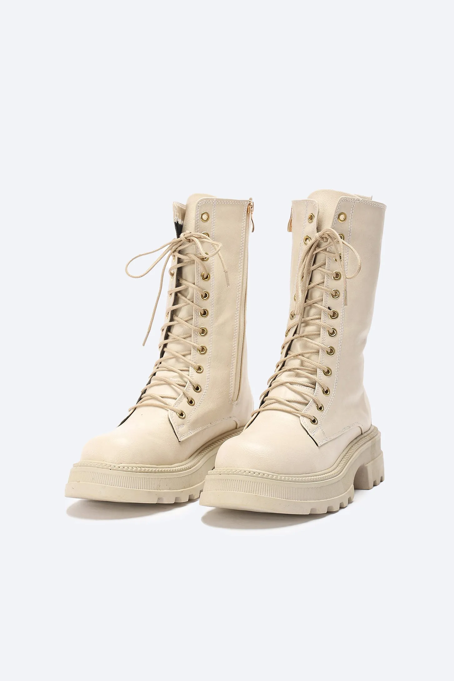 CHUNKY LACE UP BOOTS - BEIGE