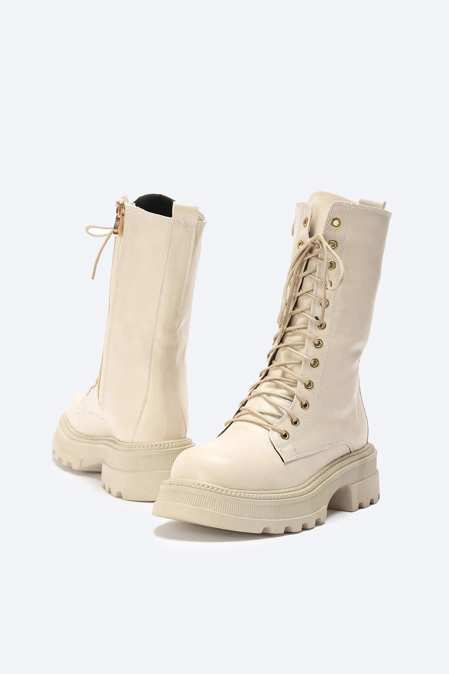 CHUNKY LACE UP BOOTS - BEIGE