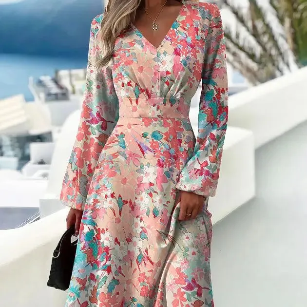 DressBetty - 2024 Spring New Slim Fit V-Neck Long Sleeve Floral Dress