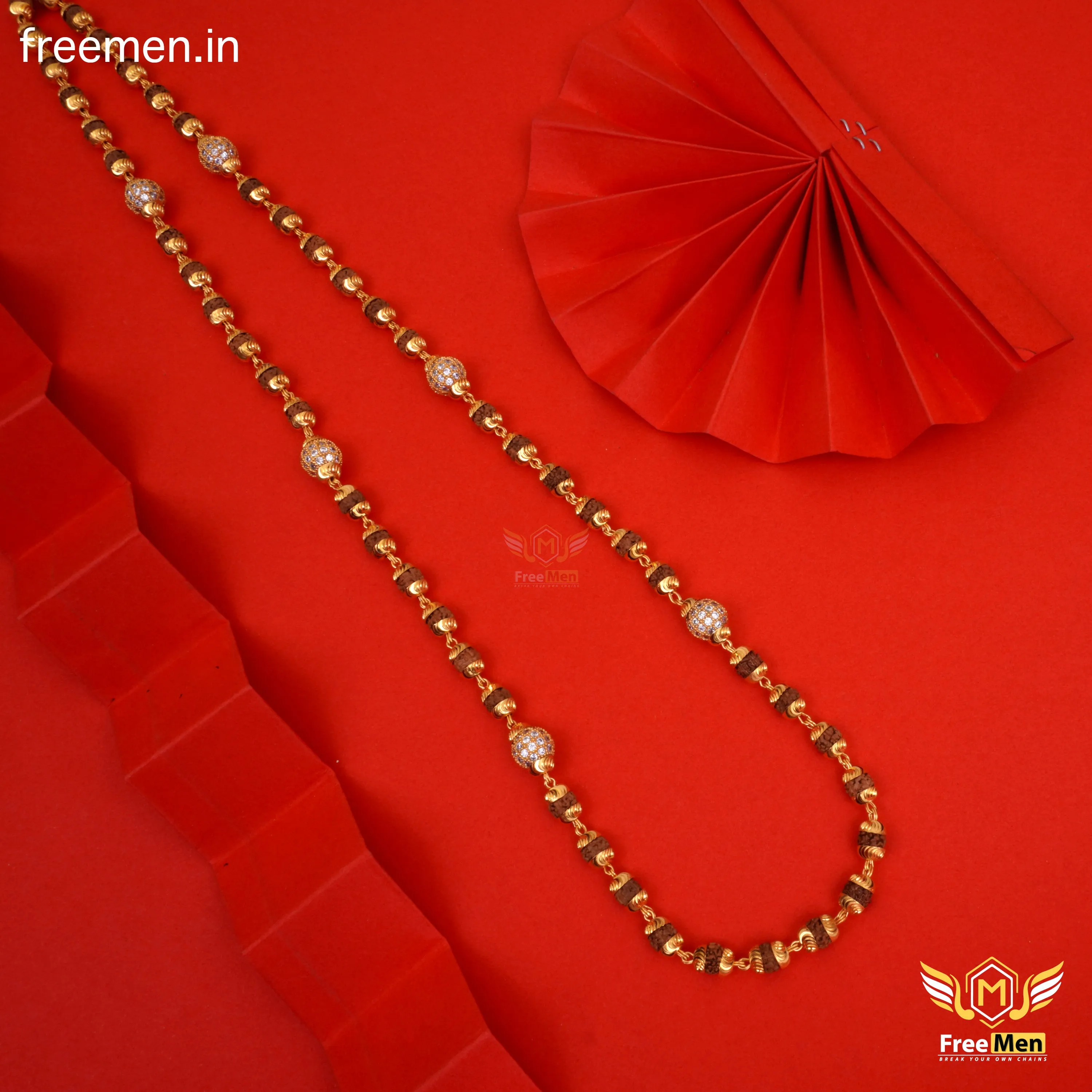 Freemen Brown Gold Plated Rudraksha Mala With Diamond - FMG322