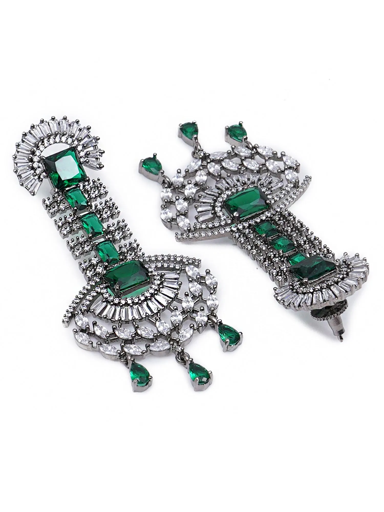 Green American Diamond and CZ Studded Dangler Earrings