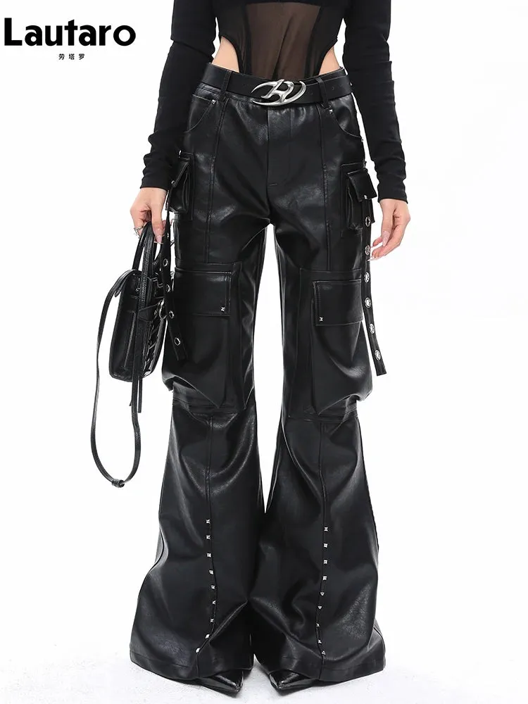 Lautaro Soft Black Baggy PU Leather Cargo Pants for Women