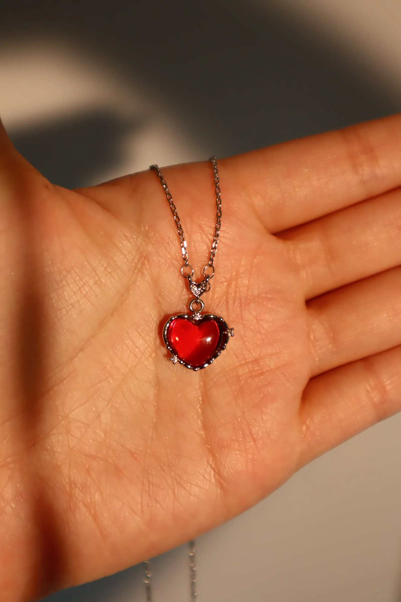 Platinum Plated Red Gem Heart Necklace