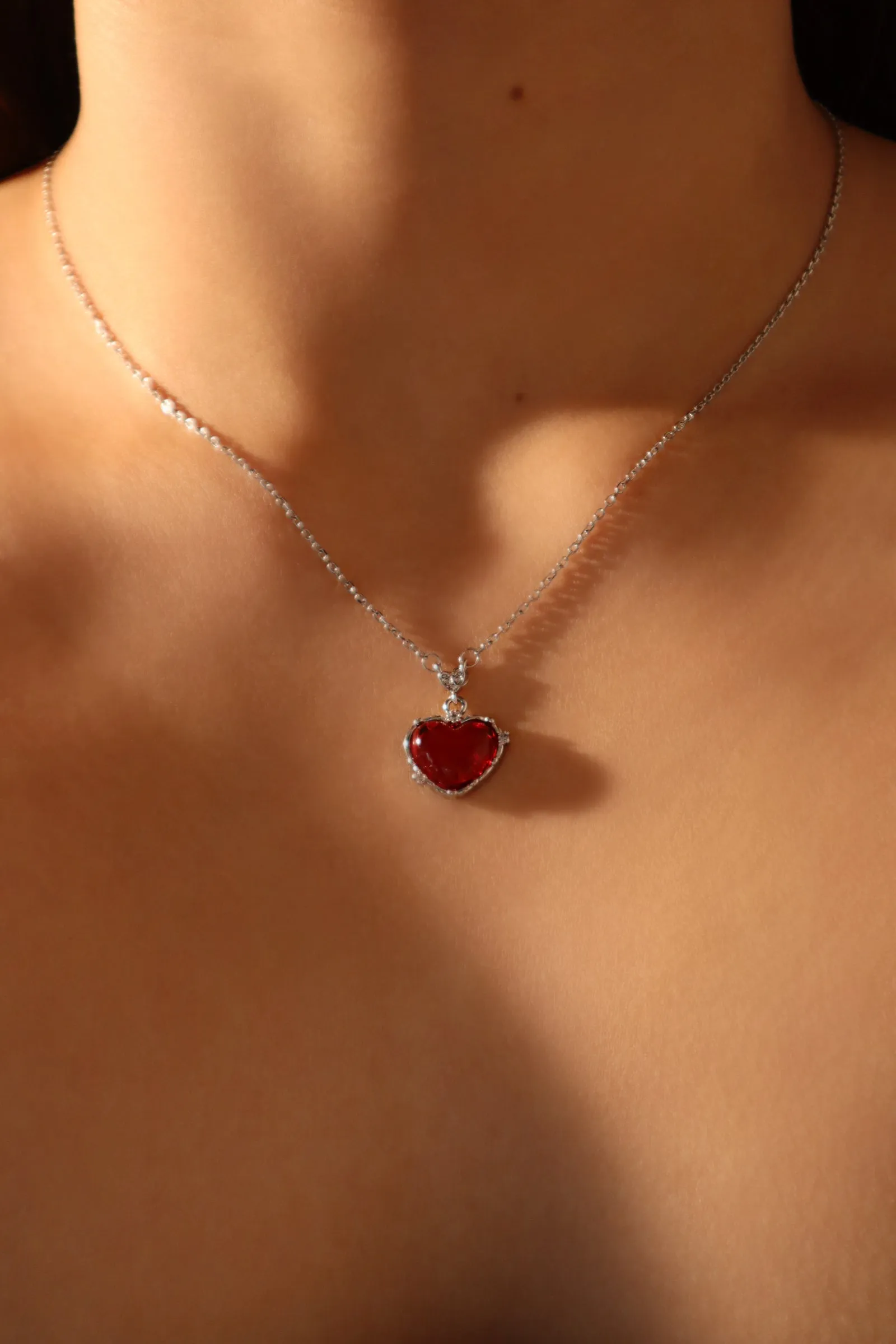 Platinum Plated Red Gem Heart Necklace