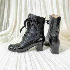 SOLD Vintage Kenneth Cole Black Leather/Patent Leather Lace Up Granny Boots 8 1/2