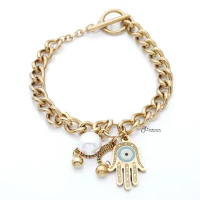 Stainless Steel Women's Bracelet with Dangle Hamsa Charms - Gold